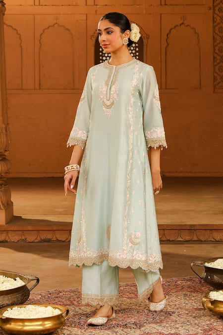 Sheetal Batra Green Silk Organza, Silk, Chanderi Embroidery Yasna A-line Kurta Palazzo Set Online at Aza Fashions Sheetal Batra_Green Silk Organza, Silk, Chanderi Embroidery Yasna A-line Kurta Palazzo Set _Online_at_Aza_Fashions