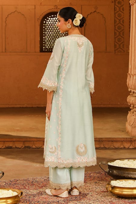 Shop Sheetal Batra Green Silk Organza, Silk, Chanderi Embroidery Yasna A-line Kurta Palazzo Set at Aza Fashions Shop_Sheetal Batra_Green Silk Organza, Silk, Chanderi Embroidery Yasna A-line Kurta Palazzo Set _at_Aza_Fashions