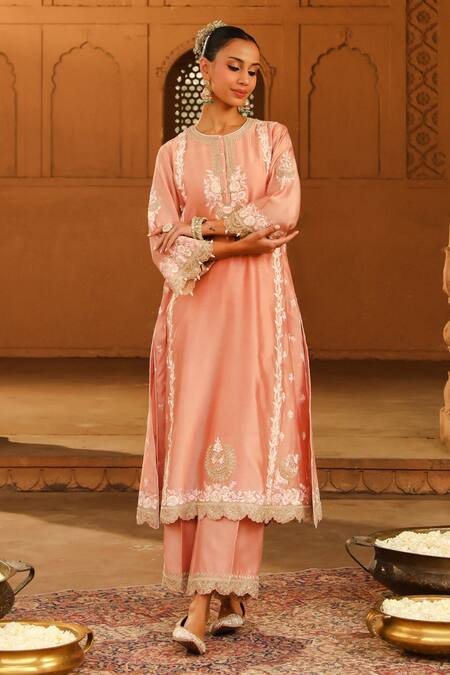 Buy Sheetal Batra Pink Silk Organza, Silk, Chanderi Embroidery Round Yasna Kurta Palazzo Set Online at Aza Fashions Buy_Sheetal Batra_Pink Silk Organza, Silk, Chanderi Embroidery Round Yasna Kurta Palazzo Set _Online_at_Aza_Fashions
