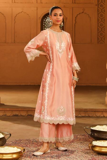 Shop Sheetal Batra Pink Silk Organza, Silk, Chanderi Embroidery Round Yasna Kurta Palazzo Set Online at Aza Fashions Shop_Sheetal Batra_Pink Silk Organza, Silk, Chanderi Embroidery Round Yasna Kurta Palazzo Set _Online_at_Aza_Fashions