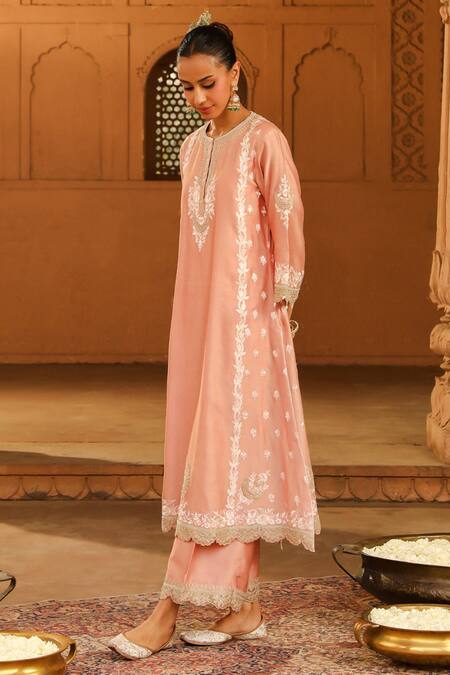 Buy Sheetal Batra Pink Silk Organza, Silk, Chanderi Embroidery Round Yasna Kurta Palazzo Set Buy_Sheetal Batra_Pink Silk Organza, Silk, Chanderi Embroidery Round Yasna Kurta Palazzo Set
