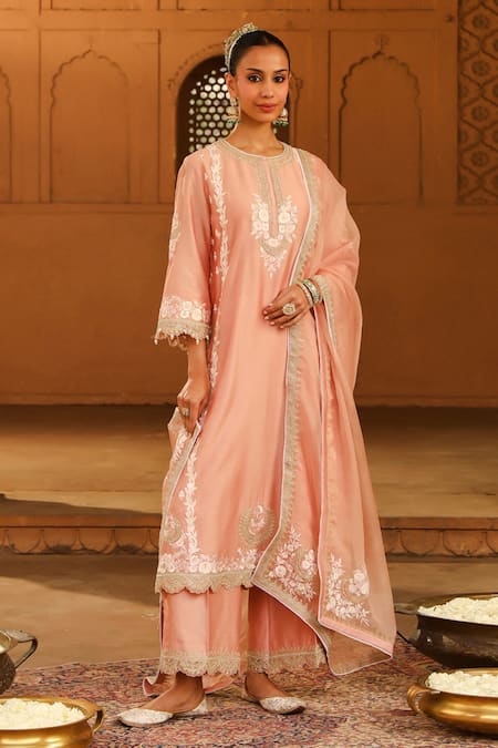 Sheetal Batra Pink Kurta And Palazzo Silk Chanderi Embroidered Yasna Neck Set 