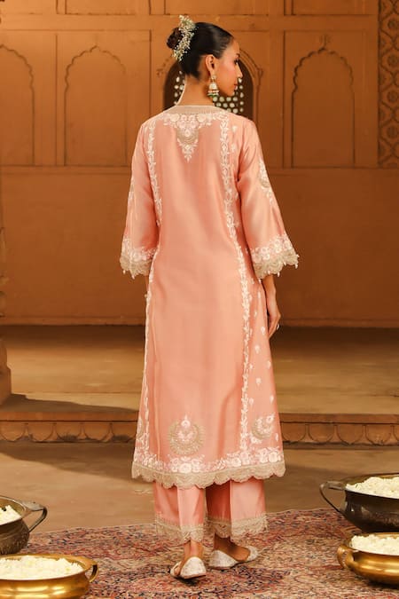 Shop Sheetal Batra Pink Silk Organza, Silk, Chanderi Embroidery Round Yasna Kurta Palazzo Set at Aza Fashions Shop_Sheetal Batra_Pink Silk Organza, Silk, Chanderi Embroidery Round Yasna Kurta Palazzo Set _at_Aza_Fashions