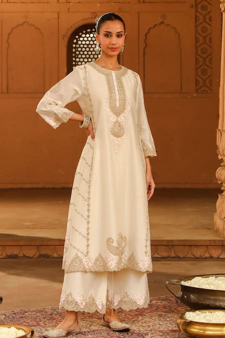 Sheetal Batra Ivory Silk Organza, Silk, Chanderi Embroidery Round Yusra Kurta Palazzo Set Online at Aza Fashions Sheetal Batra_Ivory Silk Organza, Silk, Chanderi Embroidery Round Yusra Kurta Palazzo Set _Online_at_Aza_Fashions