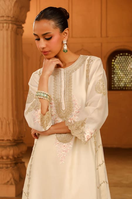 Buy Sheetal Batra Ivory Silk Organza, Silk, Chanderi Embroidery Round Yusra Kurta Palazzo Set Online at Aza Fashions Buy_Sheetal Batra_Ivory Silk Organza, Silk, Chanderi Embroidery Round Yusra Kurta Palazzo Set _Online_at_Aza_Fashions
