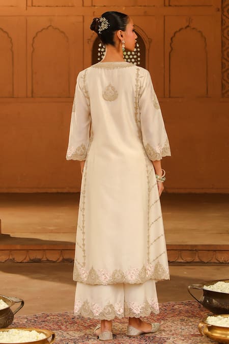 Shop Sheetal Batra Ivory Silk Organza, Silk, Chanderi Embroidery Round Yusra Kurta Palazzo Set at Aza Fashions Shop_Sheetal Batra_Ivory Silk Organza, Silk, Chanderi Embroidery Round Yusra Kurta Palazzo Set _at_Aza_Fashions