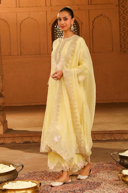 Sheetal Batra_Yellow , Chanderi, Organza Embroidery Yusra A-line Kurta Palazzo Set _Online_at_Aza_Fashions