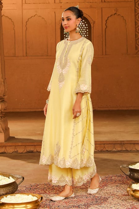 Buy_Sheetal Batra_Yellow , Chanderi, Organza Embroidery Yusra A-line Kurta Palazzo Set _Online_at_Aza_Fashions