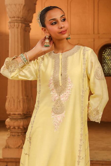 Shop_Sheetal Batra_Yellow , Chanderi, Organza Embroidery Yusra A-line Kurta Palazzo Set _Online_at_Aza_Fashions