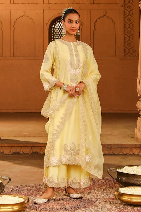 Sheetal Batra Yellow Kurta And Palazzo Silk Chanderi Embroidered Yusra A-line Set 