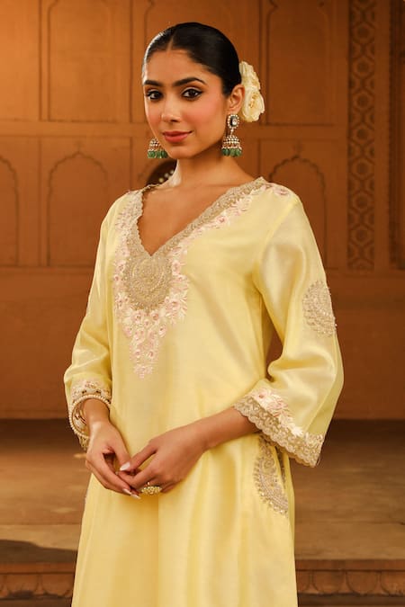 Buy Sheetal Batra Yellow Silk, Chanderi, Satin Embroidery V-neck Akira Kurta With Salwar Online at Aza Fashions Buy_Sheetal Batra_Yellow Silk, Chanderi, Satin Embroidery V-neck Akira Kurta With Salwar _Online_at_Aza_Fashions