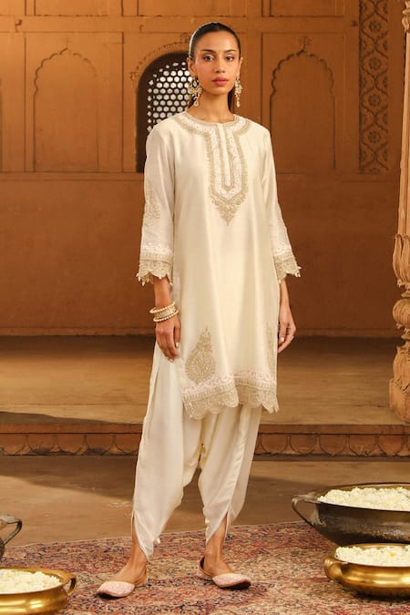 Buy_Sheetal Batra_Ivory Silk, Satin Pearls Round Anika Chanderi Embroidered Kurta With Dhoti Pant _Online_at_Aza_Fashions