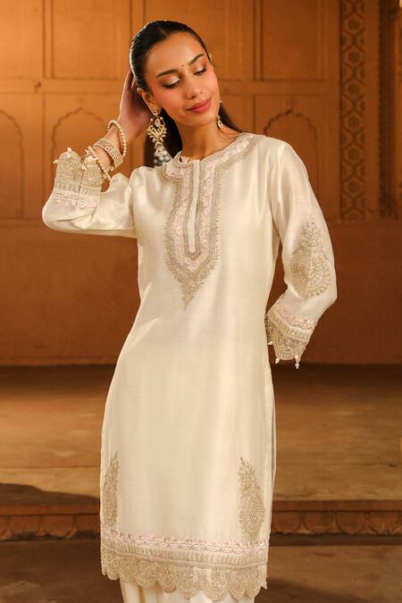 Sheetal Batra_Ivory Silk, Satin Pearls Round Anika Chanderi Embroidered Kurta With Dhoti Pant _at_Aza_Fashions