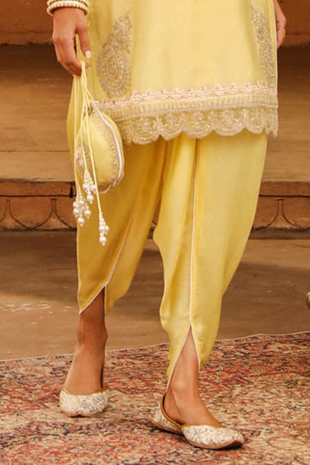 Sheetal Batra Yellow Silk, Chanderi, Satin Pearls, Embroidery Anika Kurta With Dhoti Pant Online at Aza Fashions Sheetal Batra_Yellow Silk, Chanderi, Satin Pearls, Embroidery Anika Kurta With Dhoti Pant _Online_at_Aza_Fashions