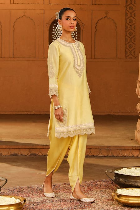 Buy Sheetal Batra Yellow Silk, Chanderi, Satin Pearls, Embroidery Anika Kurta With Dhoti Pant Online at Aza Fashions Buy_Sheetal Batra_Yellow Silk, Chanderi, Satin Pearls, Embroidery Anika Kurta With Dhoti Pant _Online_at_Aza_Fashions