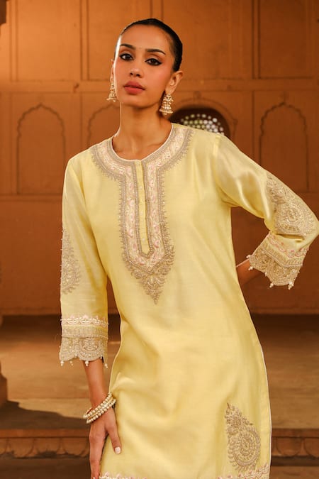 Shop Sheetal Batra Yellow Silk, Chanderi, Satin Pearls, Embroidery Anika Kurta With Dhoti Pant Online at Aza Fashions Shop_Sheetal Batra_Yellow Silk, Chanderi, Satin Pearls, Embroidery Anika Kurta With Dhoti Pant _Online_at_Aza_Fashions