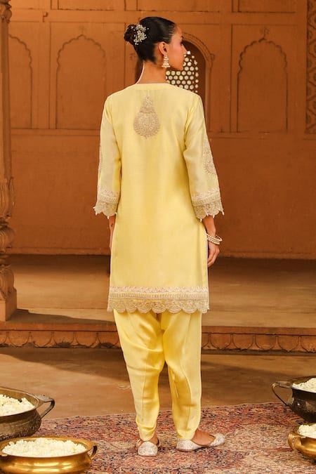 Shop Sheetal Batra Yellow Silk, Chanderi, Satin Pearls, Embroidery Anika Kurta With Dhoti Pant at Aza Fashions Shop_Sheetal Batra_Yellow Silk, Chanderi, Satin Pearls, Embroidery Anika Kurta With Dhoti Pant _at_Aza_Fashions