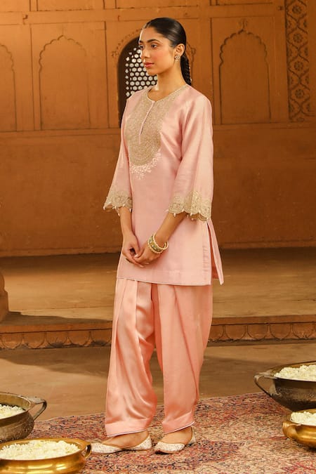 Buy_Sheetal Batra_Pink Silk, Chanderi, Satin Round Neck Arisa Kurta With Salwar _Online_at_Aza_Fashions