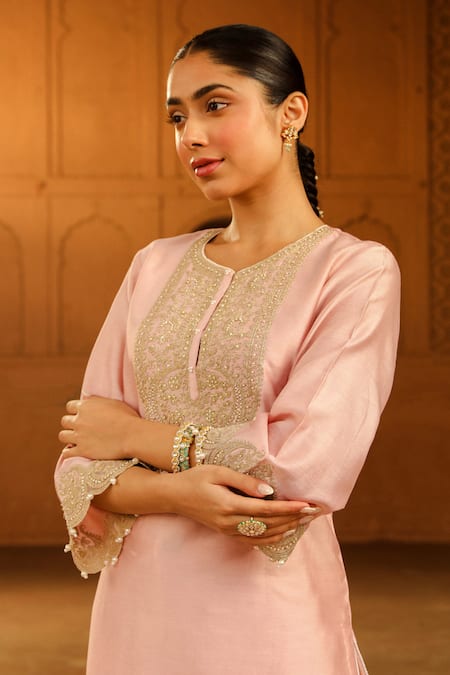 Shop_Sheetal Batra_Pink Silk, Chanderi, Satin Round Neck Arisa Kurta With Salwar _Online_at_Aza_Fashions