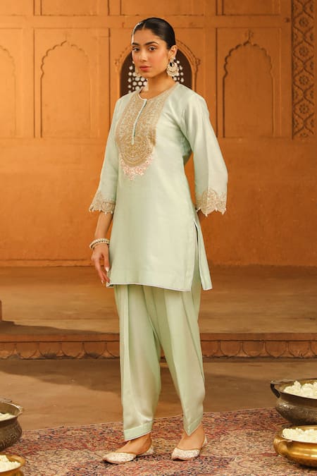 Sheetal Batra Green Silk, Chanderi, Satin Round Neck Arisa Embroidered Kurta With Salwar Online at Aza Fashions Sheetal Batra_Green Silk, Chanderi, Satin Round Neck Arisa Embroidered Kurta With Salwar _Online_at_Aza_Fashions