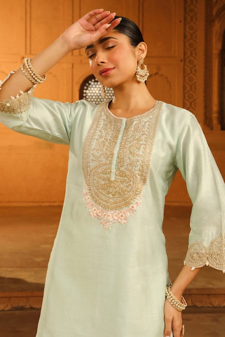 Buy Sheetal Batra Green Silk, Chanderi, Satin Round Neck Arisa Embroidered Kurta With Salwar Online at Aza Fashions Buy_Sheetal Batra_Green Silk, Chanderi, Satin Round Neck Arisa Embroidered Kurta With Salwar _Online_at_Aza_Fashions