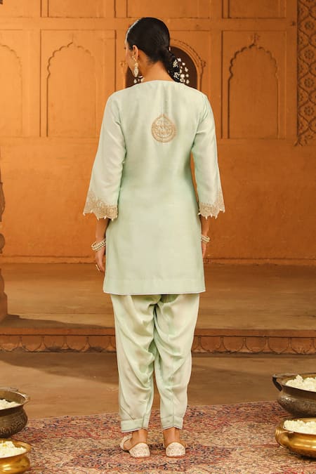 Shop Sheetal Batra Green Silk, Chanderi, Satin Round Neck Arisa Embroidered Kurta With Salwar at Aza Fashions Shop_Sheetal Batra_Green Silk, Chanderi, Satin Round Neck Arisa Embroidered Kurta With Salwar _at_Aza_Fashions