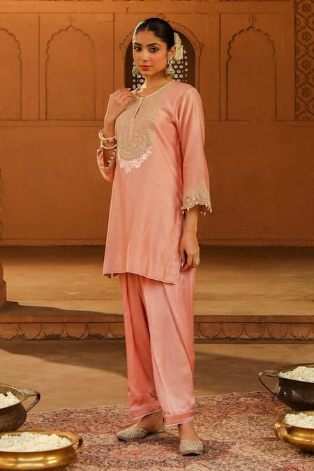 Sheetal Batra_Peach Silk, Chanderi, Satin Embroidery, Mirrors Arisa Kurta With Dogri Salwar _Online_at_Aza_Fashions