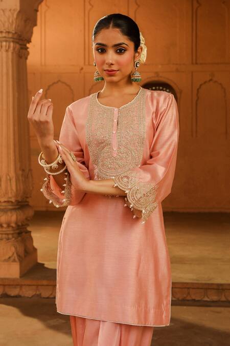 Buy_Sheetal Batra_Peach Silk, Chanderi, Satin Embroidery, Mirrors Arisa Kurta With Dogri Salwar _Online_at_Aza_Fashions