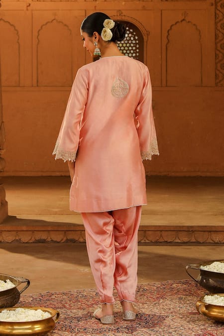 Shop_Sheetal Batra_Peach Silk, Chanderi, Satin Embroidery, Mirrors Arisa Kurta With Dogri Salwar _at_Aza_Fashions