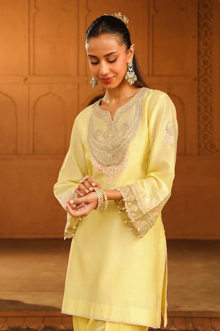Buy Sheetal Batra Yellow Silk, Chanderi, Satin Embroidery Split V-neck Ashira Kurta With Salwar Online at Aza Fashions Buy_Sheetal Batra_Yellow Silk, Chanderi, Satin Embroidery Split V-neck Ashira Kurta With Salwar _Online_at_Aza_Fashions