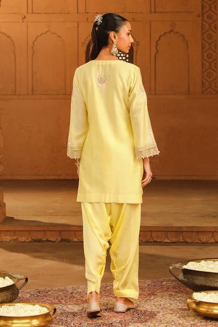 Shop Sheetal Batra Yellow Silk, Chanderi, Satin Embroidery Split V-neck Ashira Kurta With Salwar at Aza Fashions Shop_Sheetal Batra_Yellow Silk, Chanderi, Satin Embroidery Split V-neck Ashira Kurta With Salwar _at_Aza_Fashions