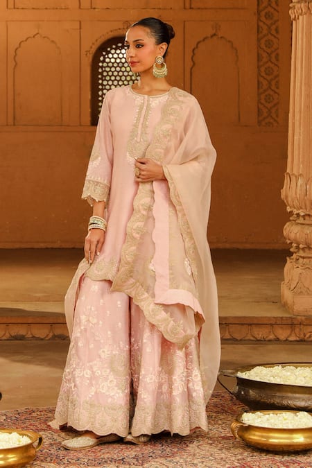 Sheetal Batra Pink Kurta And Sharara - Silk Chanderi Embroidery Kashmiri Ayda Set 