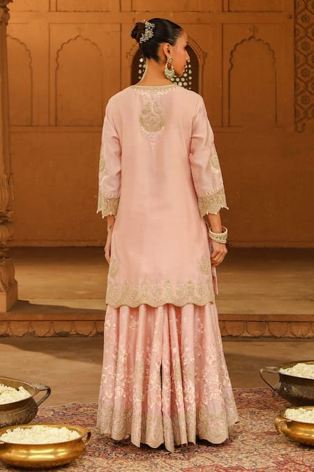 Shop Sheetal Batra Pink Silk Organza, Silk, Chanderi Metallic Thread, Ayda Kurta Sharara Set at Aza Fashions Shop_Sheetal Batra_Pink Silk Organza, Silk, Chanderi Metallic Thread, Ayda Kurta Sharara Set _at_Aza_Fashions