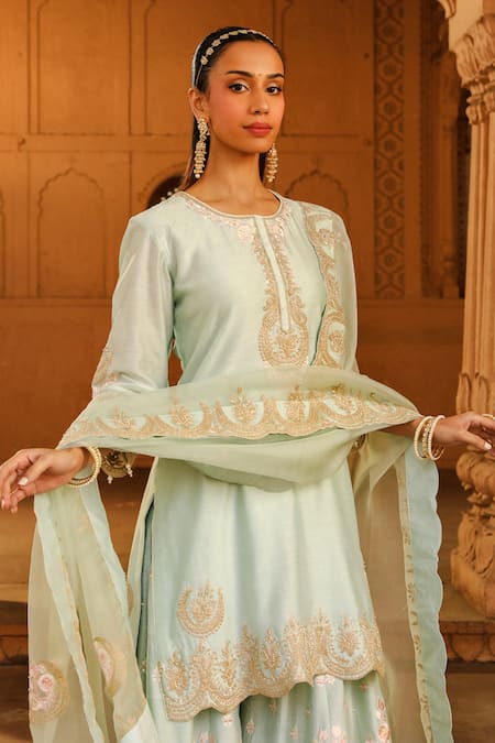 Sheetal Batra Green Silk Organza, Silk, Chanderi Metallic Thread, Ayda Kurta Sharara Set Online at Aza Fashions Sheetal Batra_Green Silk Organza, Silk, Chanderi Metallic Thread, Ayda Kurta Sharara Set _Online_at_Aza_Fashions