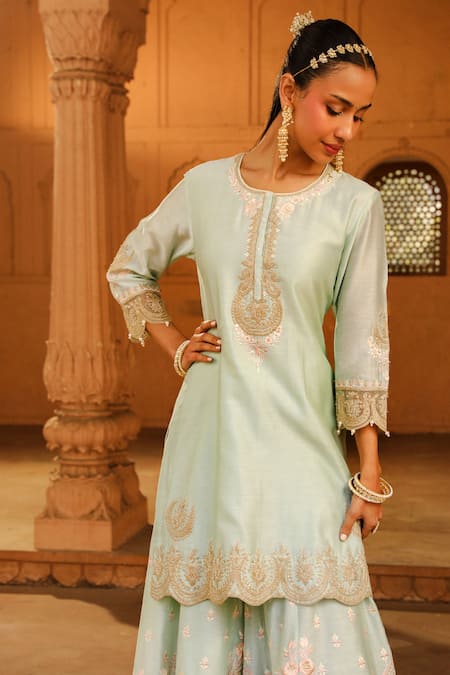 Buy Sheetal Batra Green Silk Organza, Silk, Chanderi Metallic Thread, Ayda Kurta Sharara Set Online at Aza Fashions Buy_Sheetal Batra_Green Silk Organza, Silk, Chanderi Metallic Thread, Ayda Kurta Sharara Set _Online_at_Aza_Fashions