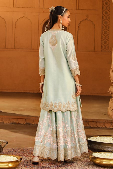 Shop Sheetal Batra Green Silk Organza, Silk, Chanderi Metallic Thread, Ayda Kurta Sharara Set at Aza Fashions Shop_Sheetal Batra_Green Silk Organza, Silk, Chanderi Metallic Thread, Ayda Kurta Sharara Set _at_Aza_Fashions