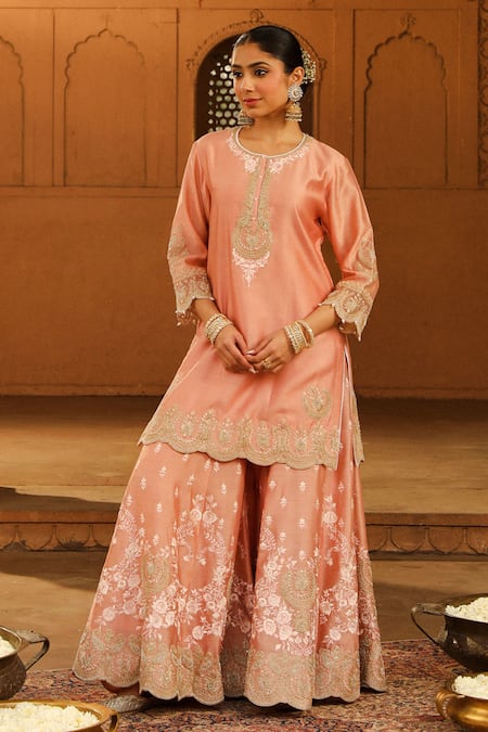 Sheetal Batra Peach Silk Organza, Silk, Chanderi Embroidery Ayda Floral Kurta Sharara Set Online at Aza Fashions Sheetal Batra_Peach Silk Organza, Silk, Chanderi Embroidery Ayda Floral Kurta Sharara Set _Online_at_Aza_Fashions