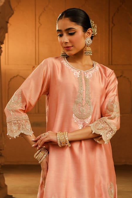 Buy Sheetal Batra Peach Silk Organza, Silk, Chanderi Embroidery Ayda Floral Kurta Sharara Set Online at Aza Fashions Buy_Sheetal Batra_Peach Silk Organza, Silk, Chanderi Embroidery Ayda Floral Kurta Sharara Set _Online_at_Aza_Fashions