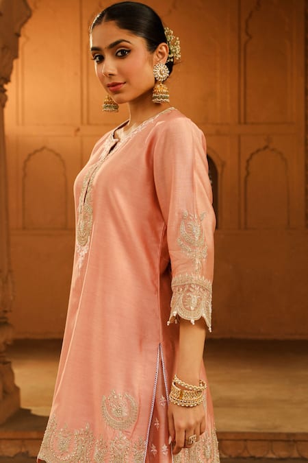Shop Sheetal Batra Peach Silk Organza, Silk, Chanderi Embroidery Ayda Floral Kurta Sharara Set Online at Aza Fashions Shop_Sheetal Batra_Peach Silk Organza, Silk, Chanderi Embroidery Ayda Floral Kurta Sharara Set _Online_at_Aza_Fashions