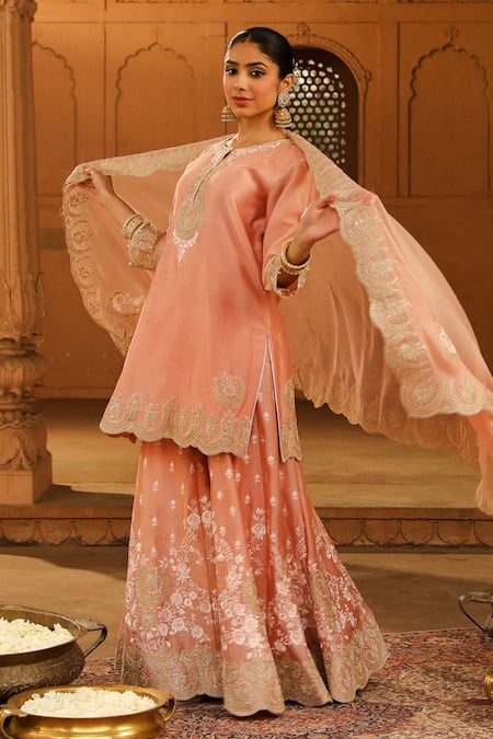Sheetal Batra Peach Silk Organza, Silk, Chanderi Embroidery Ayda Floral Kurta Sharara Set at Aza Fashions Sheetal Batra_Peach Silk Organza, Silk, Chanderi Embroidery Ayda Floral Kurta Sharara Set _at_Aza_Fashions