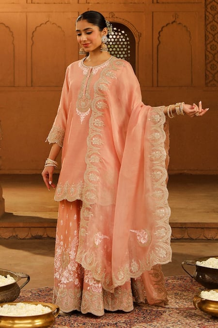 Sheetal Batra Peach Kurta And Sharara - Silk Chanderi Embroidery Kashmiri Ayda Floral Set 