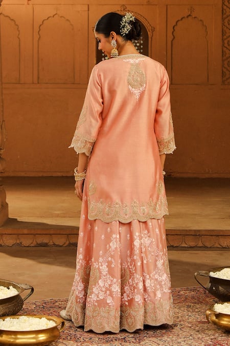 Shop Sheetal Batra Peach Silk Organza, Silk, Chanderi Embroidery Ayda Floral Kurta Sharara Set at Aza Fashions Shop_Sheetal Batra_Peach Silk Organza, Silk, Chanderi Embroidery Ayda Floral Kurta Sharara Set _at_Aza_Fashions