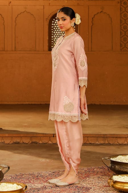 Sheetal Batra_Pink Silk, Chanderi, Satin Embroidery Round Ernika Yoke Kurta With Dhoti Pant _Online_at_Aza_Fashions