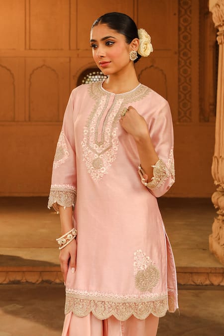 Buy_Sheetal Batra_Pink Silk, Chanderi, Satin Embroidery Round Ernika Yoke Kurta With Dhoti Pant _Online_at_Aza_Fashions