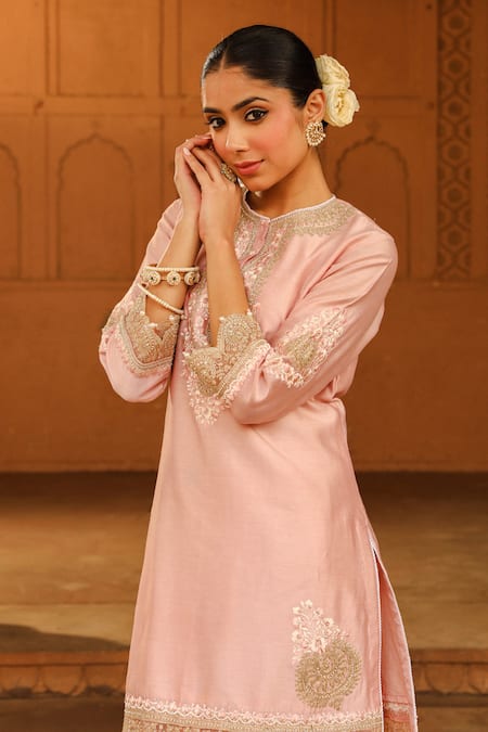 Shop_Sheetal Batra_Pink Silk, Chanderi, Satin Embroidery Round Ernika Yoke Kurta With Dhoti Pant _Online_at_Aza_Fashions