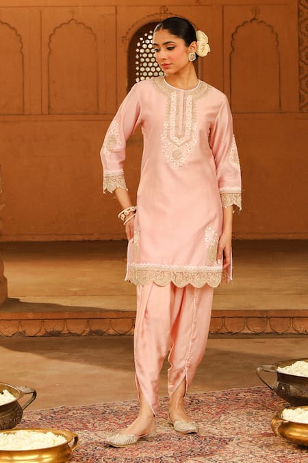 Sheetal Batra Pink Kurta Silk Chanderi Embroidery Ernika Yoke With Dhoti Pant 