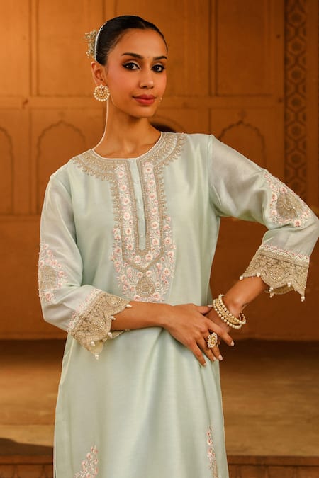 Buy_Sheetal Batra_Green Silk, Chanderi, Satin Ernika Parsi Gara Yoke Kurta With Dhoti Pant _Online_at_Aza_Fashions