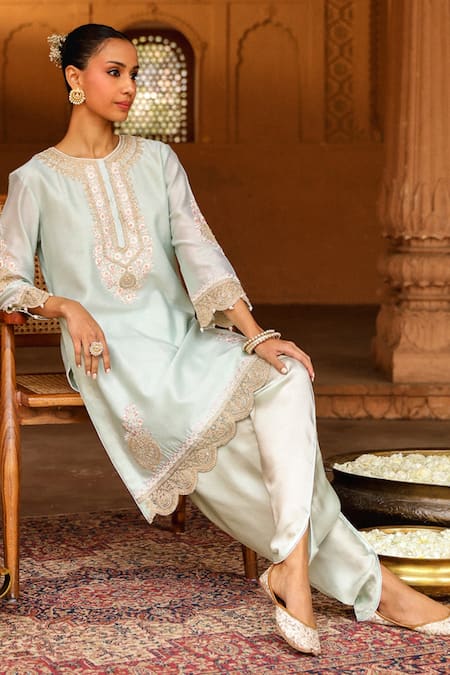 Shop_Sheetal Batra_Green Silk, Chanderi, Satin Ernika Parsi Gara Yoke Kurta With Dhoti Pant _Online_at_Aza_Fashions