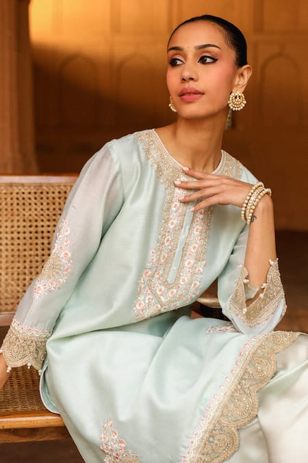 Sheetal Batra_Green Silk, Chanderi, Satin Ernika Parsi Gara Yoke Kurta With Dhoti Pant _at_Aza_Fashions