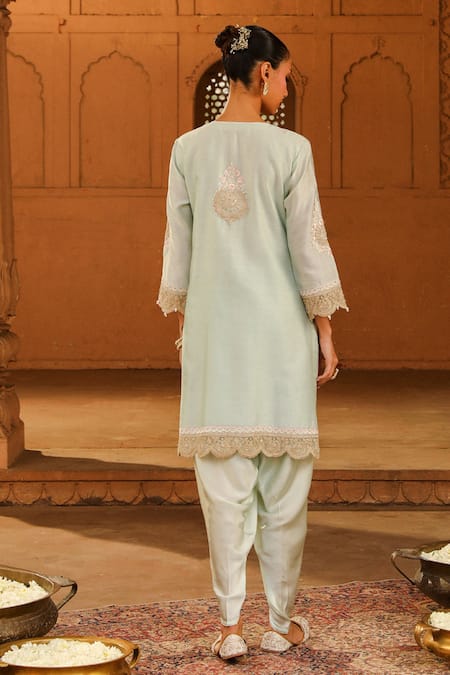 Shop_Sheetal Batra_Green Silk, Chanderi, Satin Ernika Parsi Gara Yoke Kurta With Dhoti Pant _at_Aza_Fashions